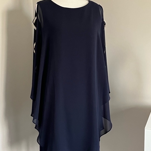 NWT Xscape Navy Blue Sheer Cape Rhinestone Cut-out Cocktail Gown Dress - Picture 8 of 13